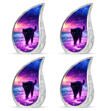 Majestic Purple Cat Cremation Urn close-up of engraving and surface detail - flowing teardrop cat silhouette on curved aluminum - 10 inch aluminum urn for cremated remains
