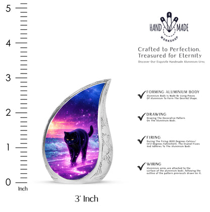 Grape Purple Cat Cremation Urn angled view of lid and engraved motif - graceful tear-shaped urn with cat motif - mini keepsake memorial for portion of cremation ashes