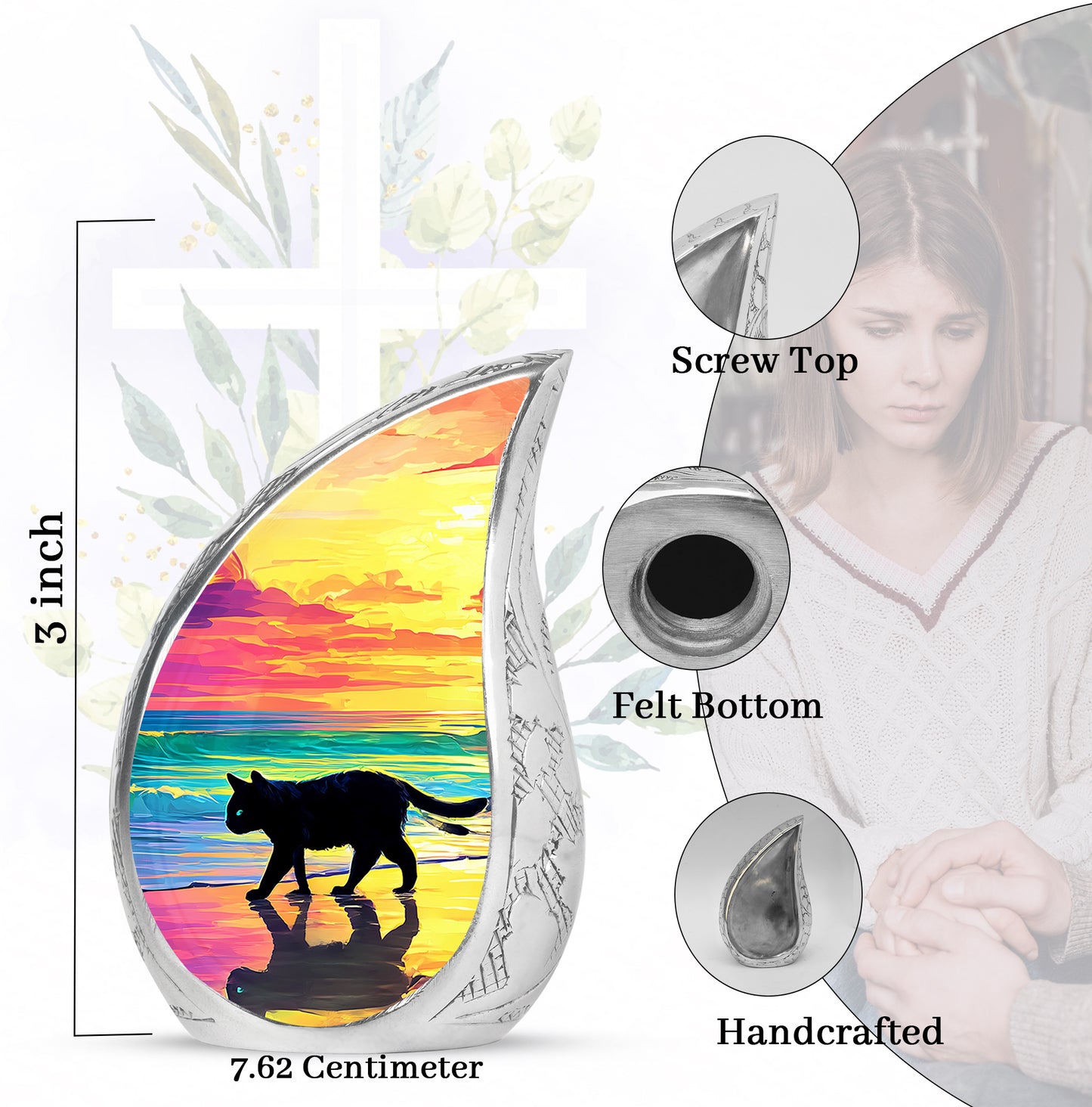 Deep Red Cat Cremation Urn angled view of lid and engraved motif - rounded teardrop cat design with delicate detail - mini keepsake memorial for portion of cremation ashes