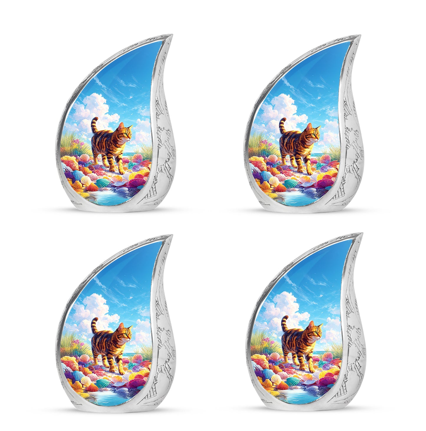 Steel Blue Cat Cremation Urn close-up of engraving and surface detail - smooth teardrop contour featuring cat art - 10 inch aluminum urn for cremated remains