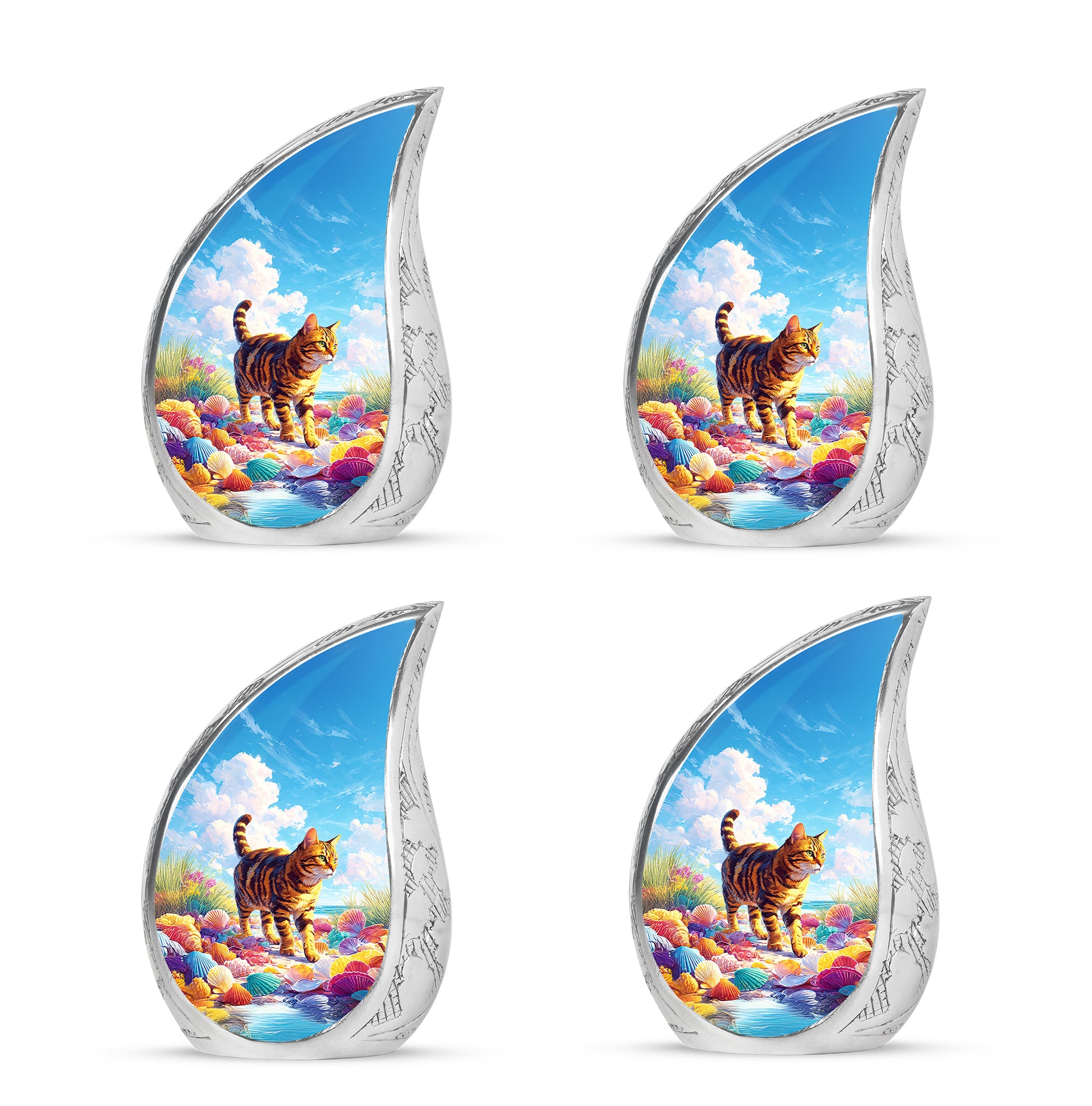 Steel Blue Cat Cremation Urn close-up of engraving and surface detail - smooth teardrop contour featuring cat art - 10 inch aluminum urn for cremated remains