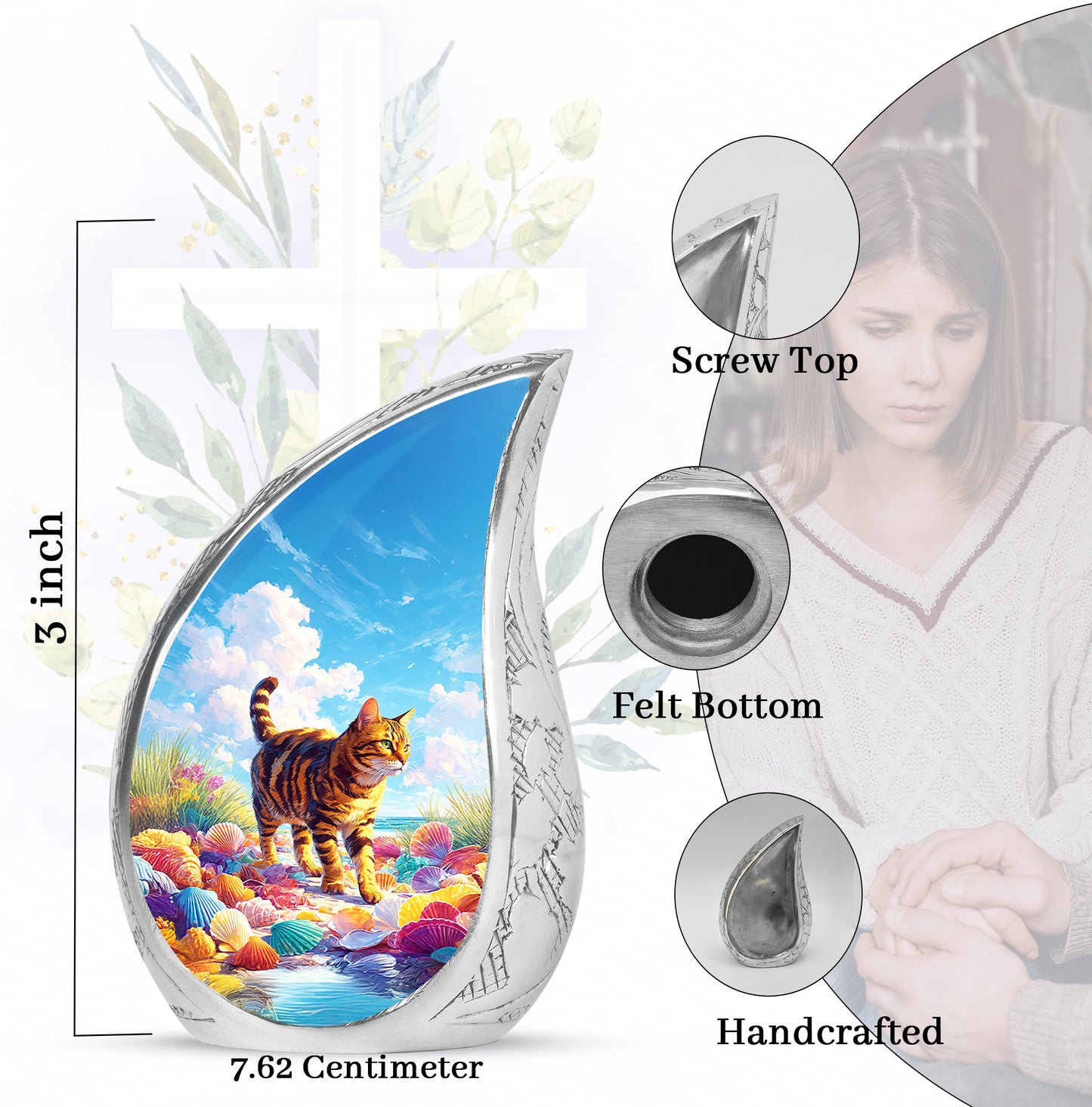 Indigo Cat Cremation Urn angled view of lid and engraved motif - flowing teardrop cat silhouette on curved aluminum - mini keepsake memorial for portion of cremation ashes