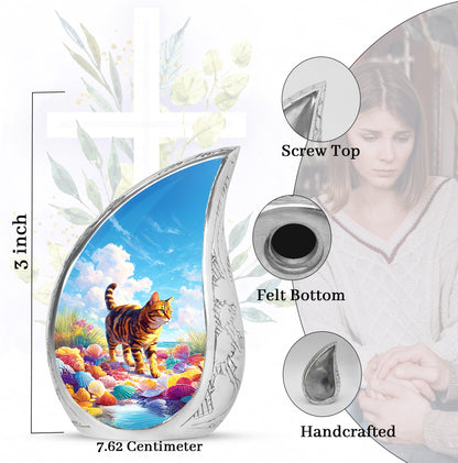 Indigo Cat Cremation Urn angled view of lid and engraved motif - flowing teardrop cat silhouette on curved aluminum - mini keepsake memorial for portion of cremation ashes