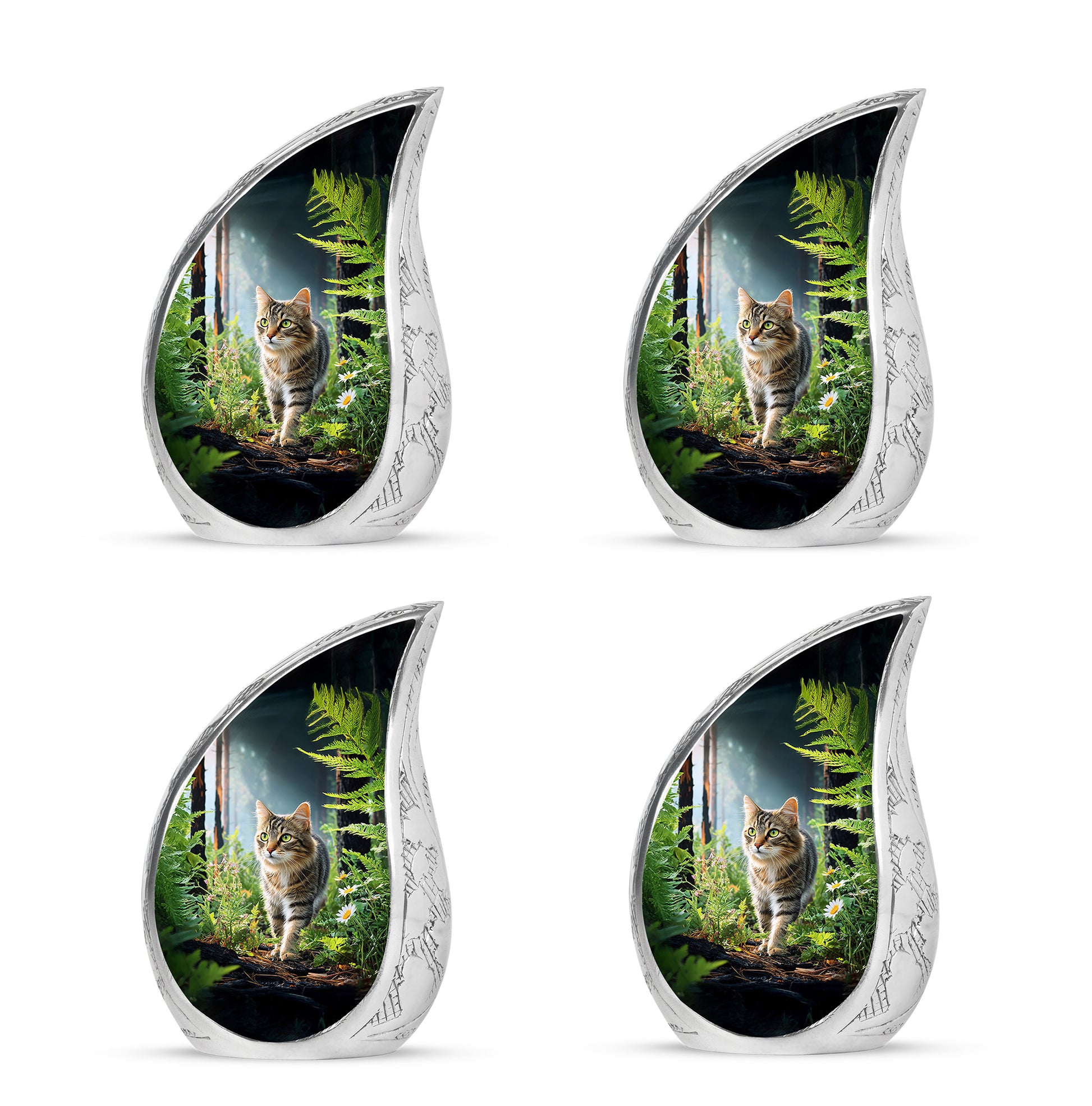 Onyx Black Cat Cremation Urn close-up of engraving and surface detail - smooth teardrop contour featuring cat art - 10 inch aluminum urn for cremated remains