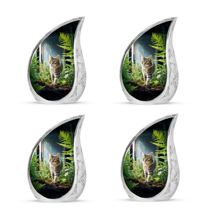 Onyx Black Cat Cremation Urn close-up of engraving and surface detail - smooth teardrop contour featuring cat art - 10 inch aluminum urn for cremated remains