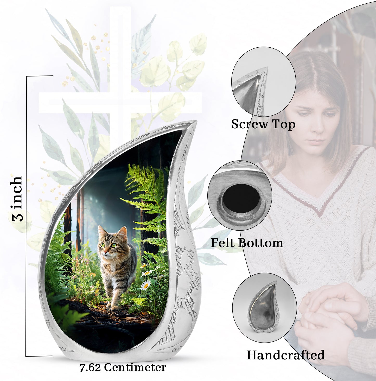 Ebony Cat Cremation Urn angled view of lid and engraved motif - flowing teardrop cat silhouette on curved aluminum - mini keepsake memorial for portion of cremation ashes