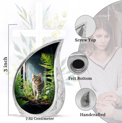 Ebony Cat Cremation Urn angled view of lid and engraved motif - flowing teardrop cat silhouette on curved aluminum - mini keepsake memorial for portion of cremation ashes