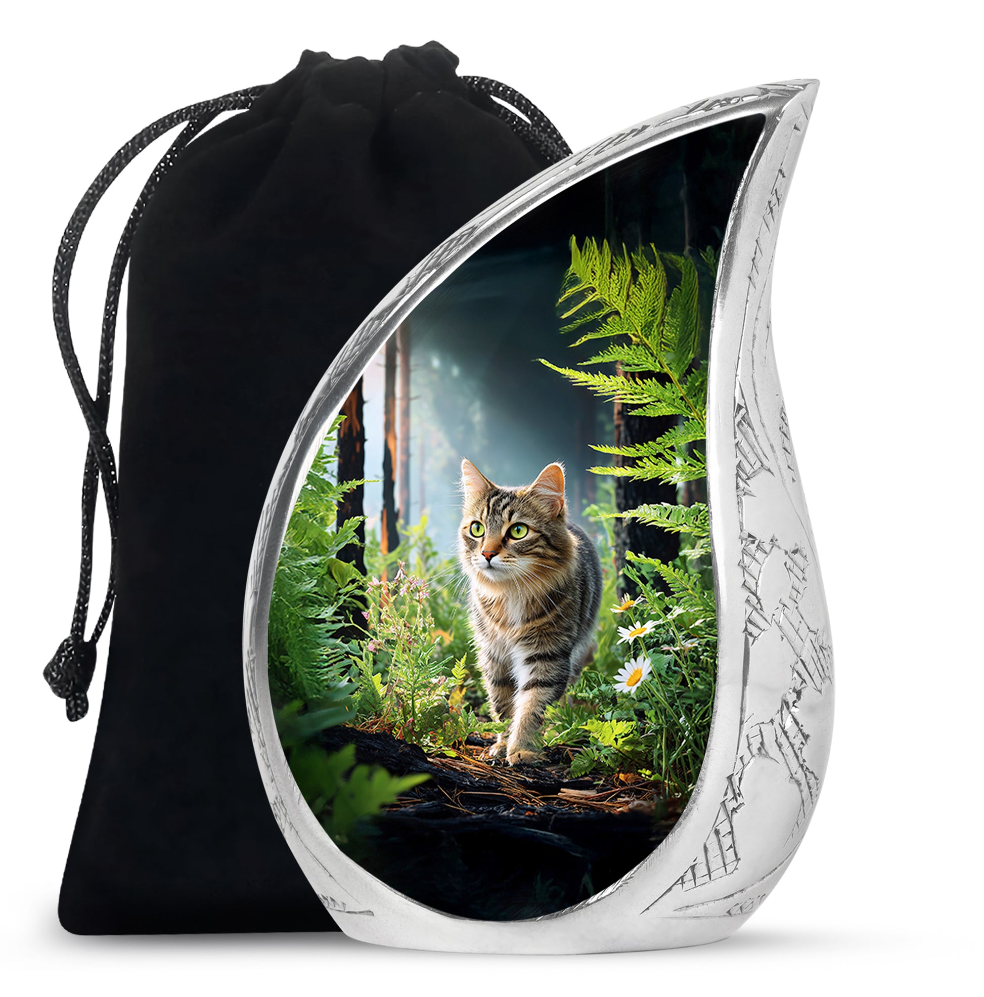 Onyx Black Cat Cremation Urn front view showing detailed design - smooth teardrop contour featuring cat art - full-size 10 inch 200 cubic inch adult cremation urn