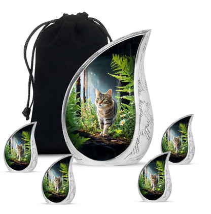 Ebony Cat Cremation Urn side profile showing urn shape - flowing teardrop cat silhouette on curved aluminum - memorial set with one large and four small urns
