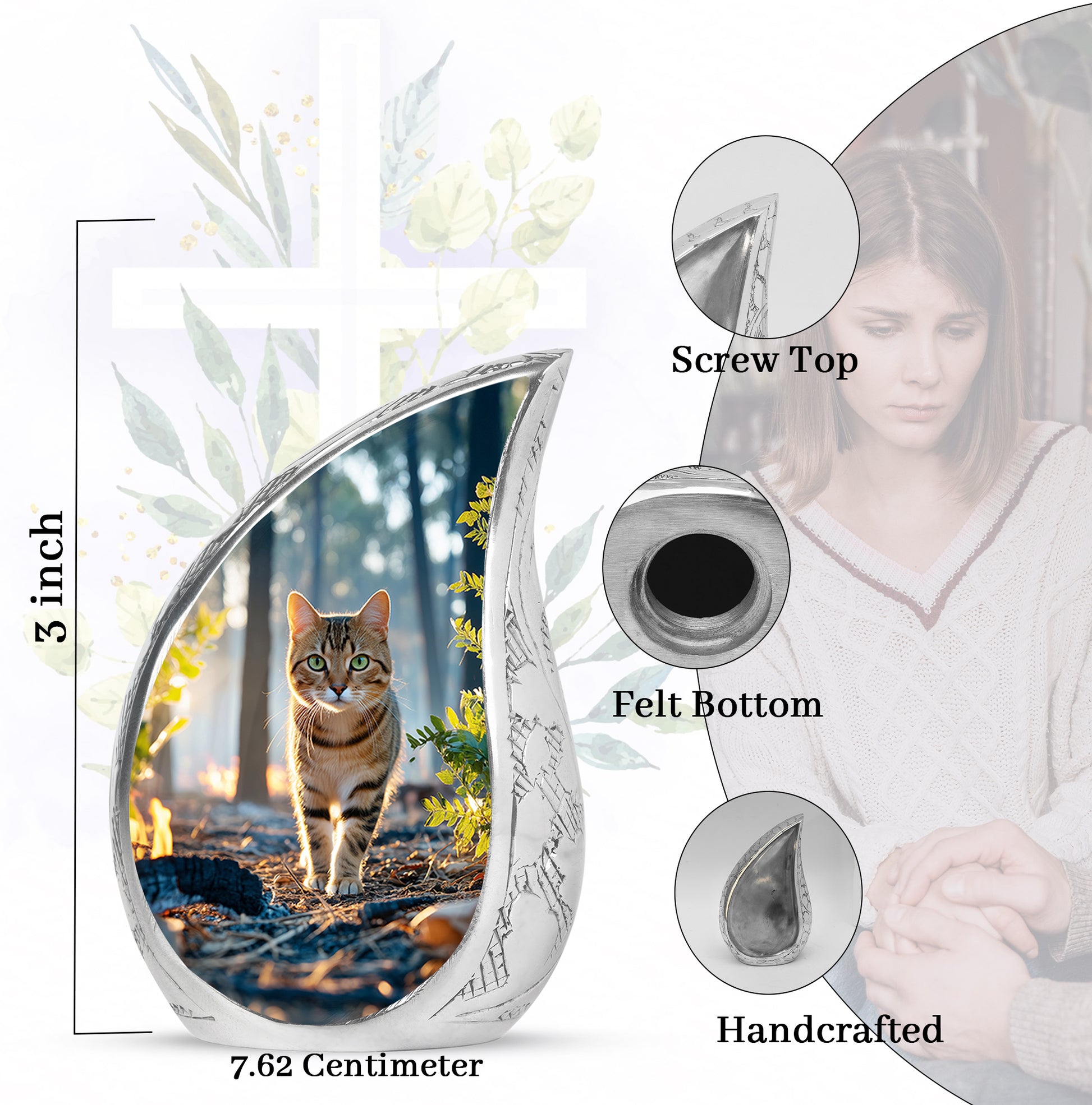 Icy Blue Cat Cremation Urn angled view of lid and engraved motif - rounded teardrop cat design with delicate detail - mini keepsake memorial for portion of cremation ashes