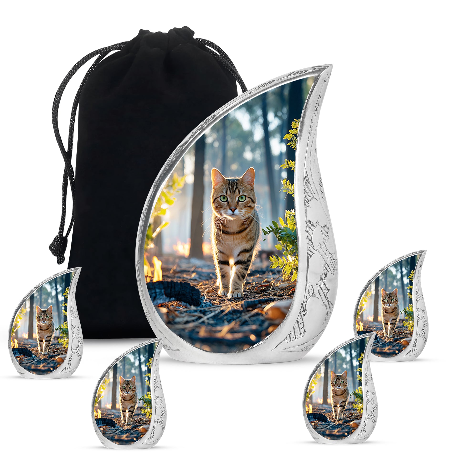 Icy Blue Cat Cremation Urn side profile showing urn shape - rounded teardrop cat design with delicate detail - memorial set with one large and four small urns