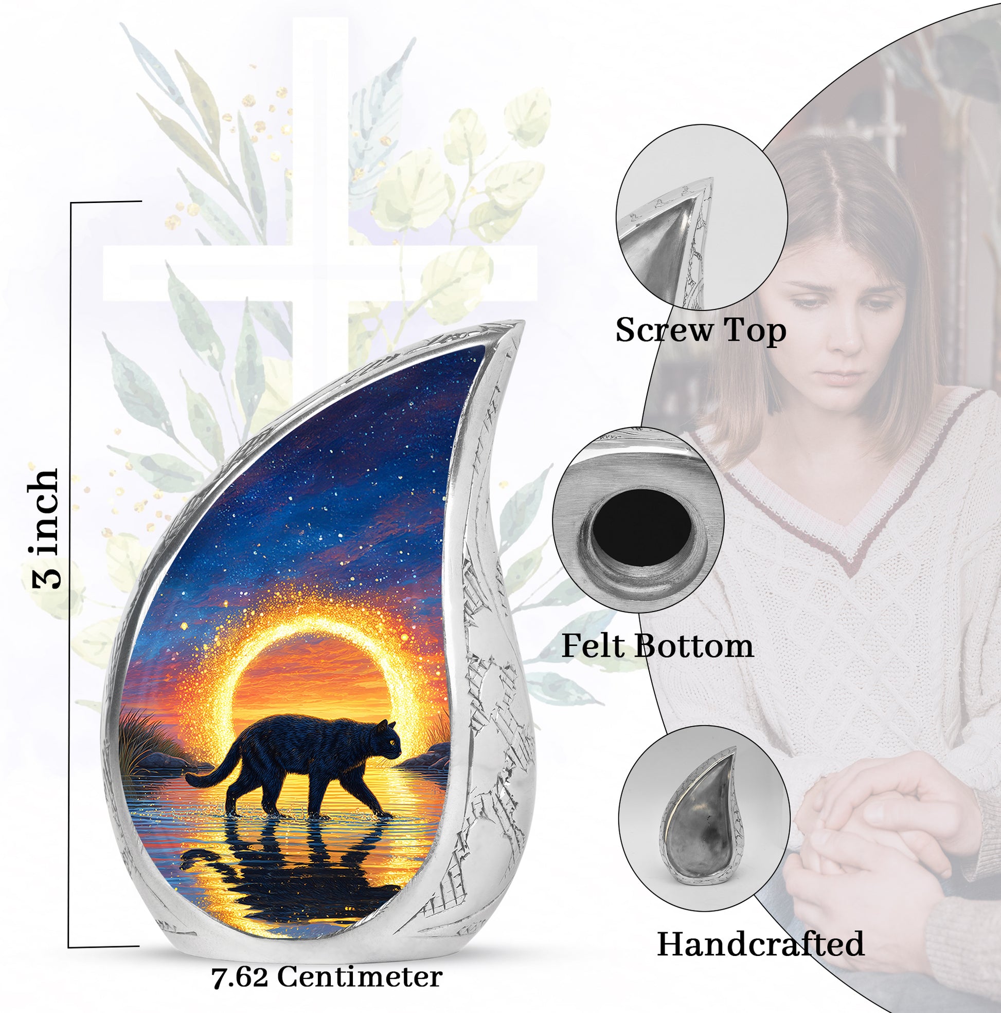 Sky Blue Cat Cremation Urn angled view of lid and engraved motif - flowing teardrop cat silhouette on curved aluminum - mini keepsake memorial for portion of cremation ashes