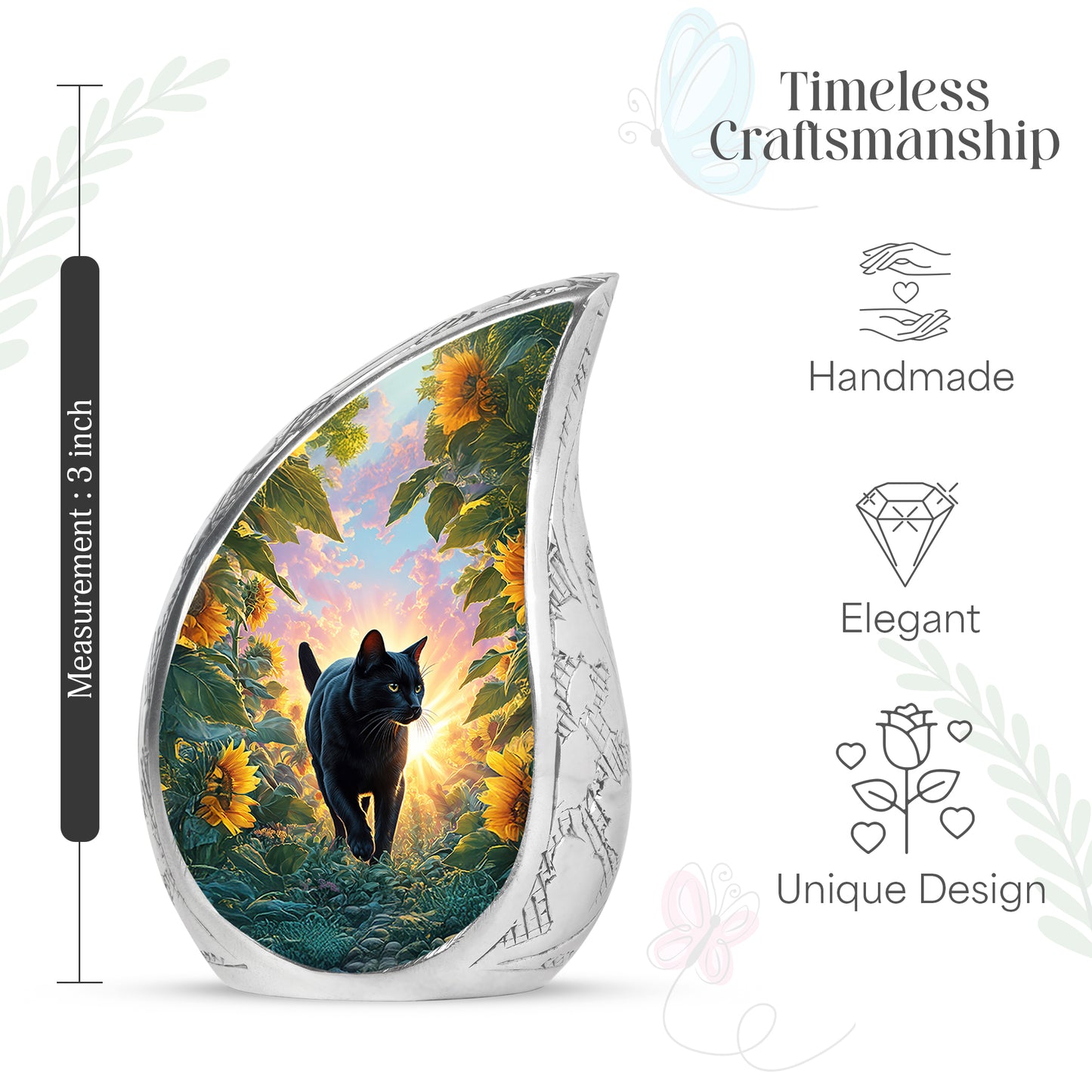 Sky Blue Cat Cremation Urn angled view of lid and engraved motif - rounded teardrop cat design with delicate detail - mini keepsake memorial for portion of cremation ashes