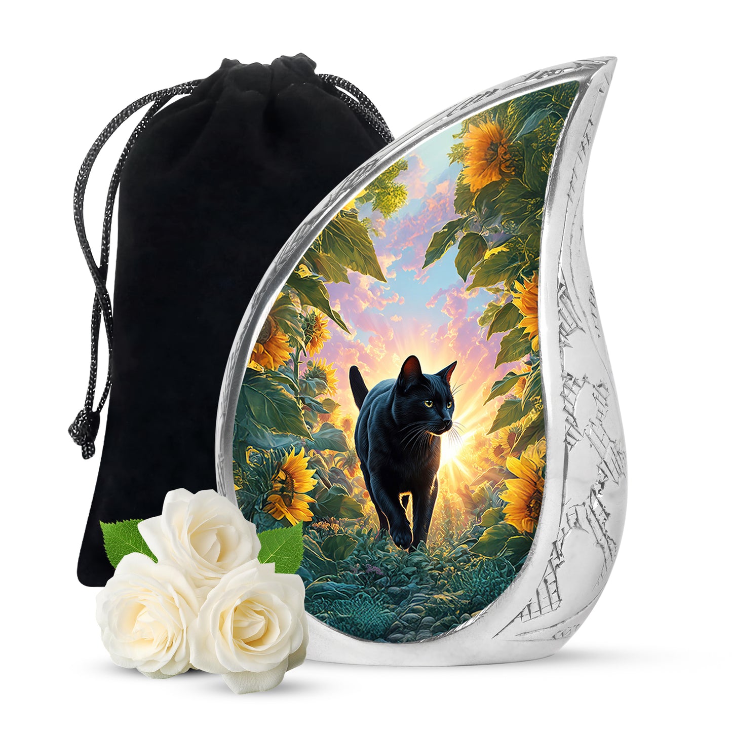 Sapphire Blue Cat Cremation Urn front view showing detailed design - graceful tear-shaped urn with cat motif - full-size 10 inch 200 cubic inch adult cremation urn
