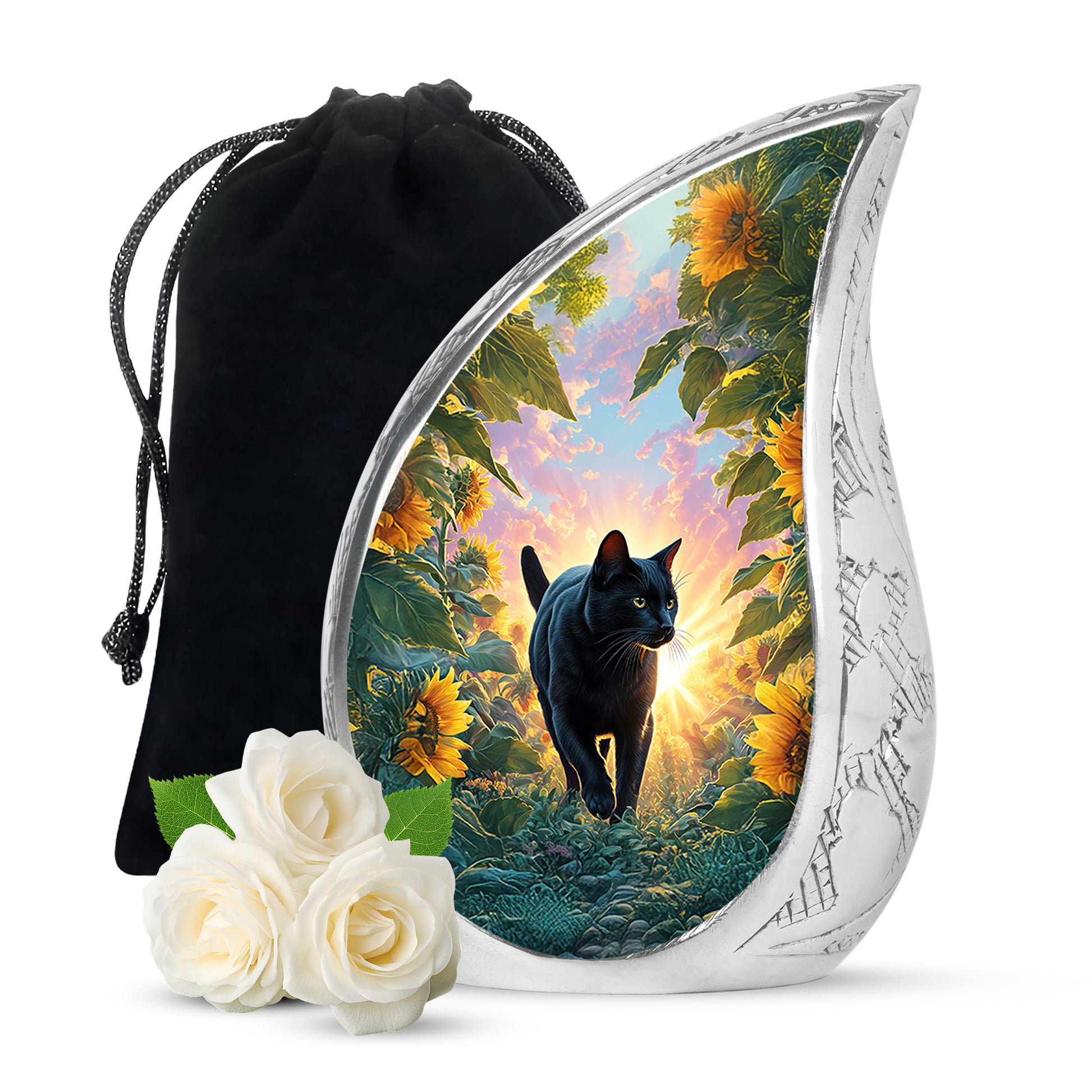 Sapphire Blue Cat Cremation Urn front view showing detailed design - graceful tear-shaped urn with cat motif - full-size 10 inch 200 cubic inch adult cremation urn