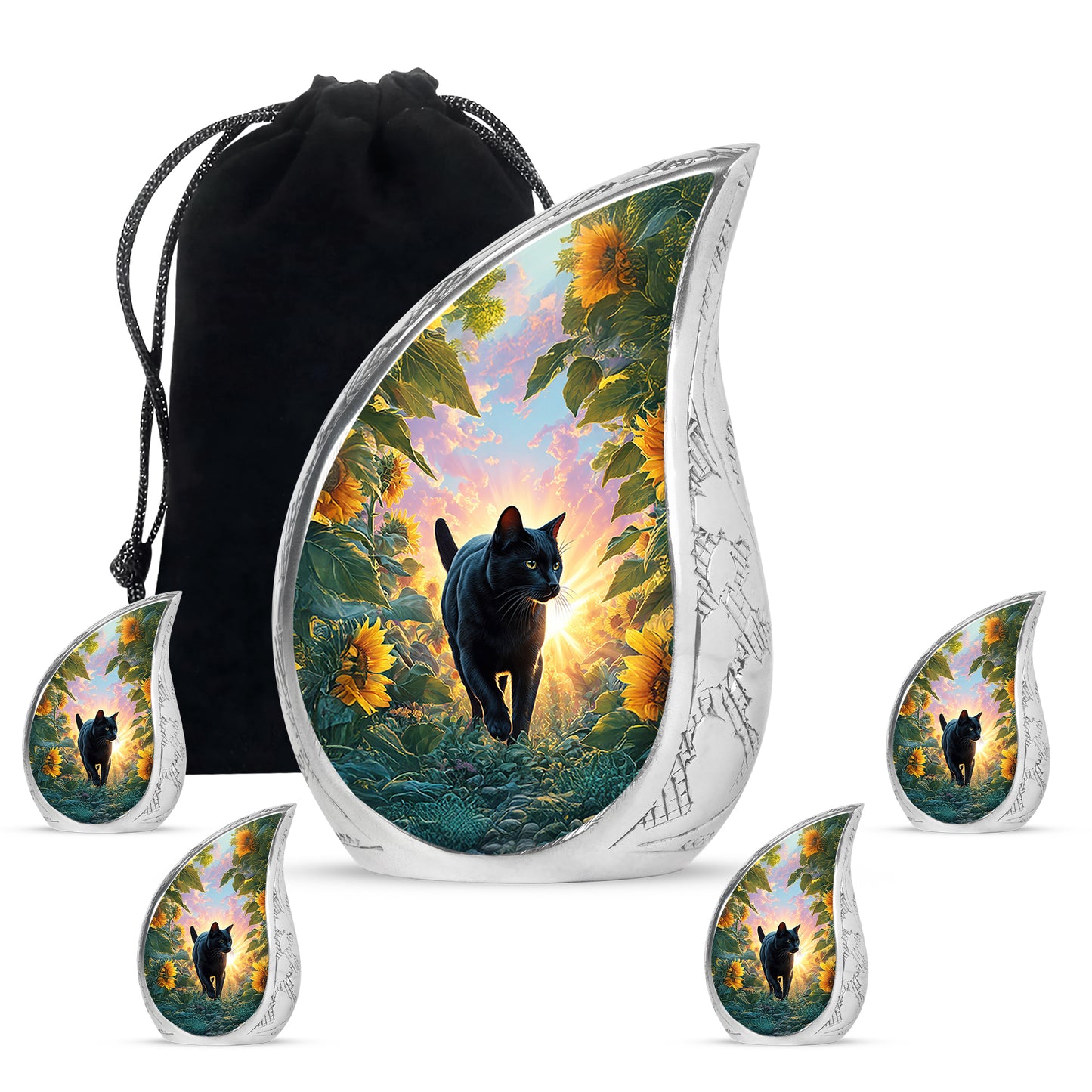 Celestial Blue Cat Cremation Urn side profile showing urn shape - flowing teardrop cat silhouette on curved aluminum - memorial set with one large and four small urns