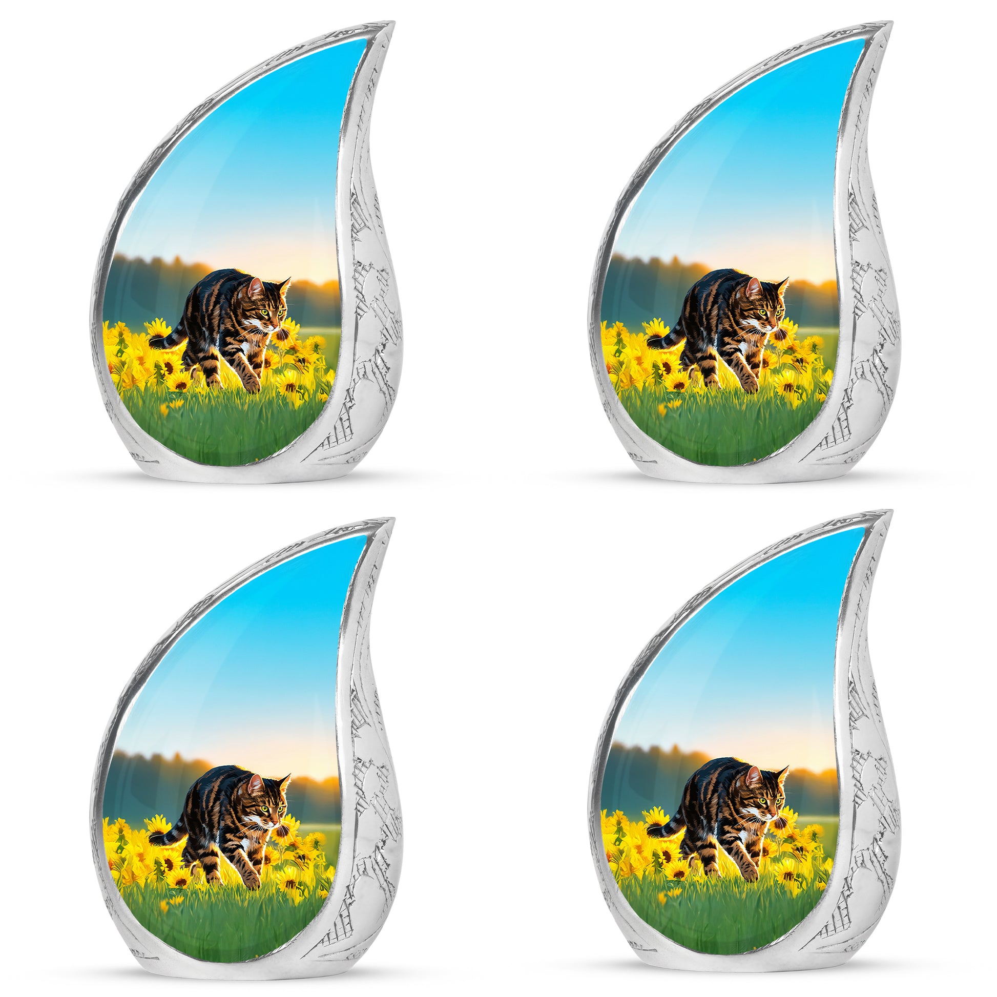 Tropical Teal Cat Cremation Urn close-up of engraving and surface detail - smooth teardrop contour featuring cat art - 10 inch aluminum urn for cremated remains