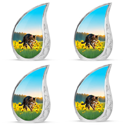 Tropical Teal Cat Cremation Urn close-up of engraving and surface detail - smooth teardrop contour featuring cat art - 10 inch aluminum urn for cremated remains