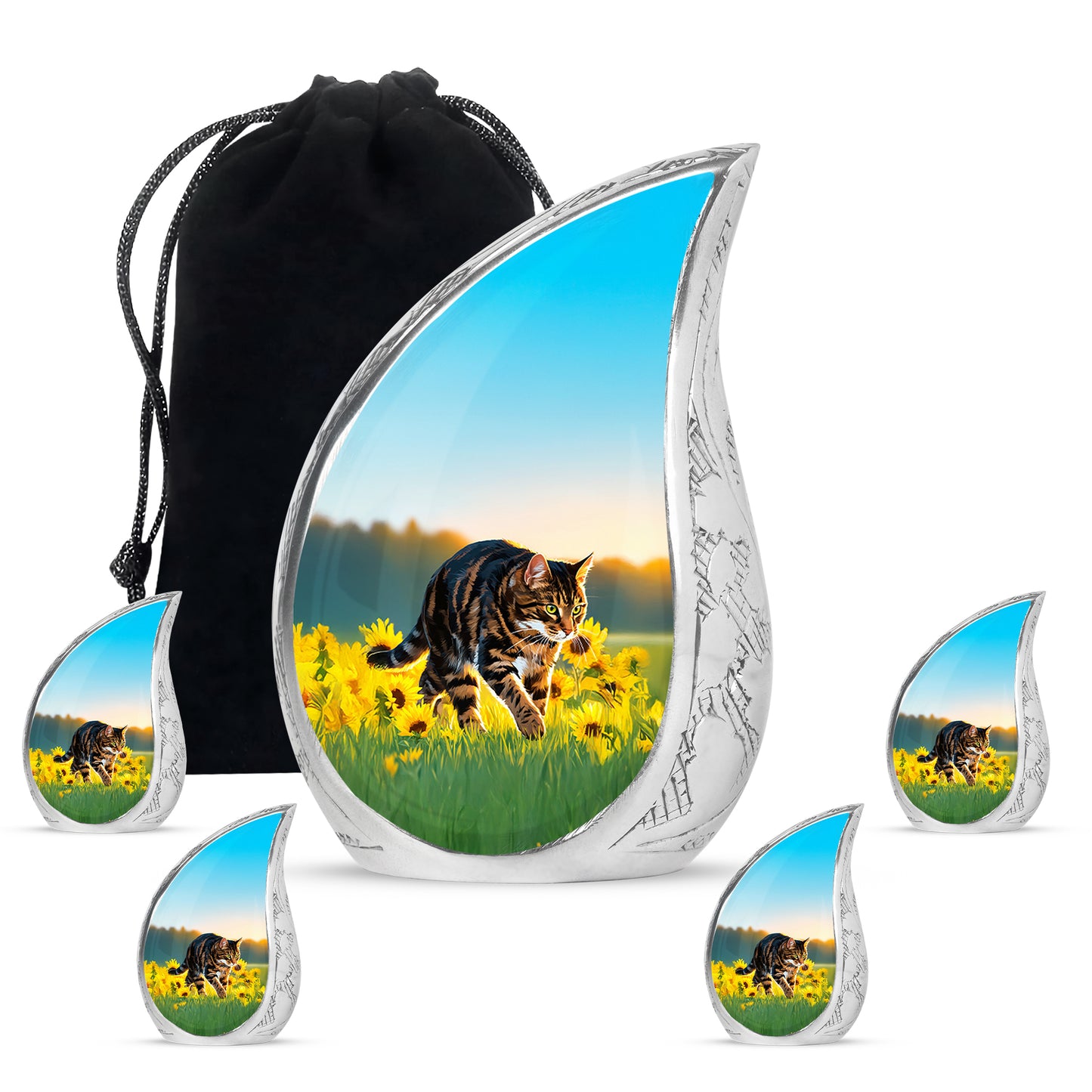Vivid Teal Cat Cremation Urn side profile showing urn shape - smooth teardrop contour featuring cat art - memorial set with one large and four small urns