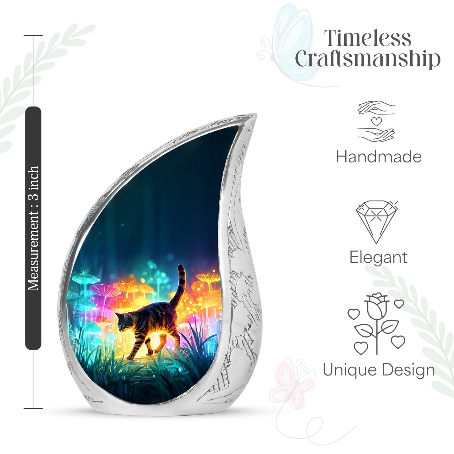 Navy Blue Cat Cremation Urn angled view of lid and engraved motif - flowing teardrop cat silhouette on curved aluminum - mini keepsake memorial for portion of cremation ashes