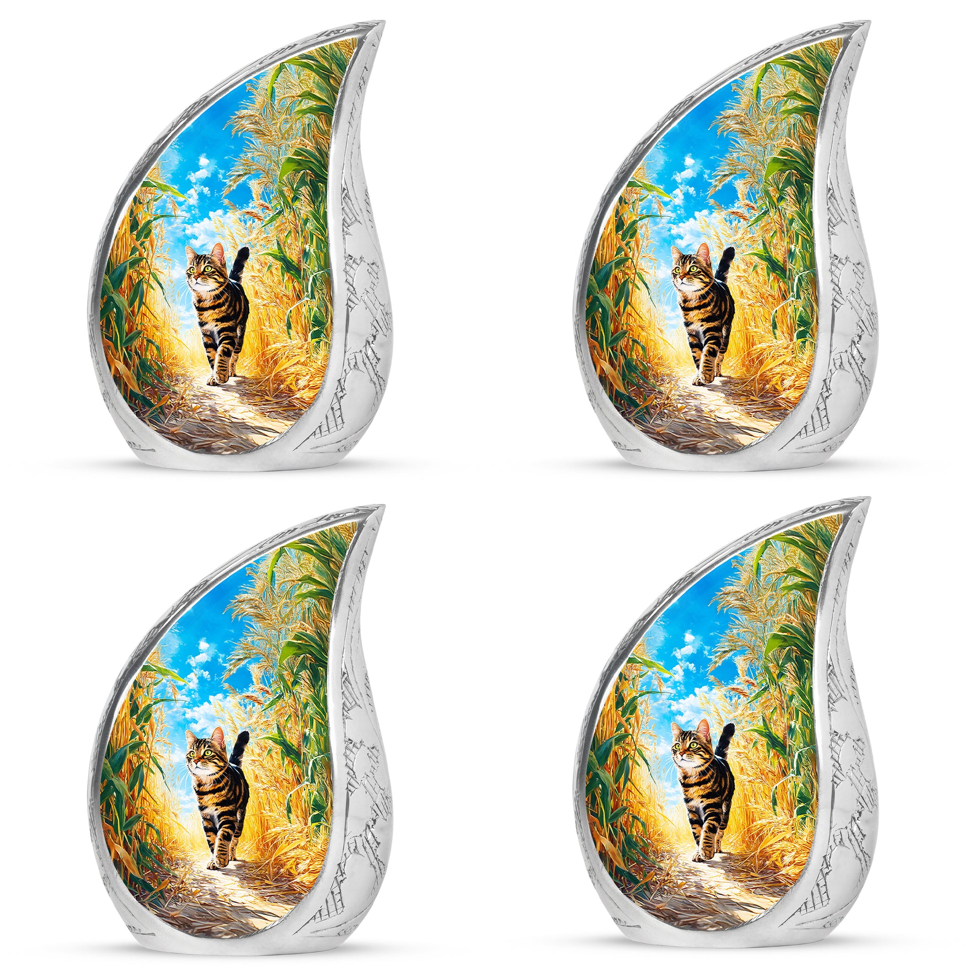 Aqua Teal Cat Cremation Urn close-up of engraving and surface detail - smooth teardrop contour featuring cat art - 10 inch aluminum urn for cremated remains