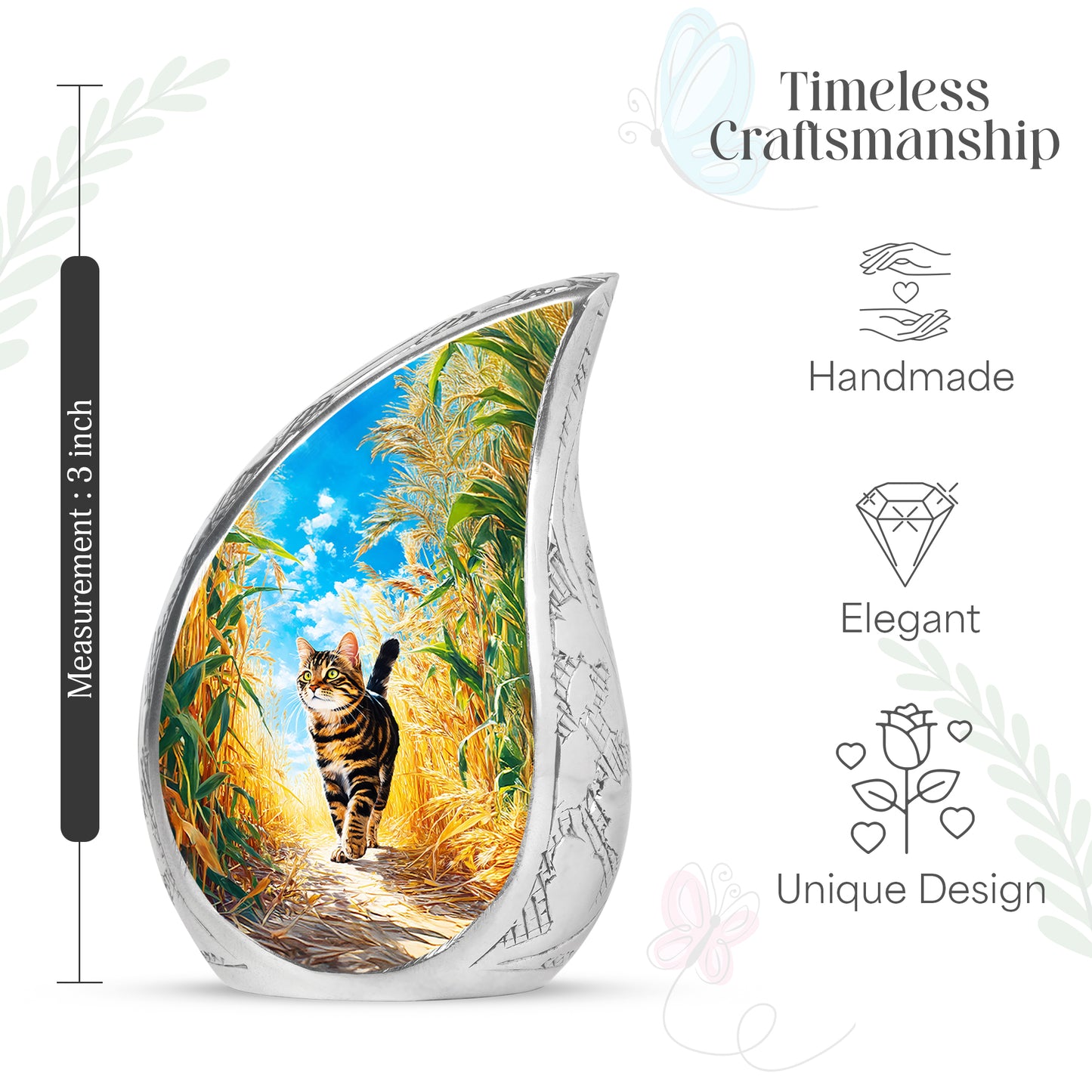 Aqua Teal Cat Cremation Urn angled view of lid and engraved motif - graceful tear-shaped urn with cat motif - mini keepsake memorial for portion of cremation ashes