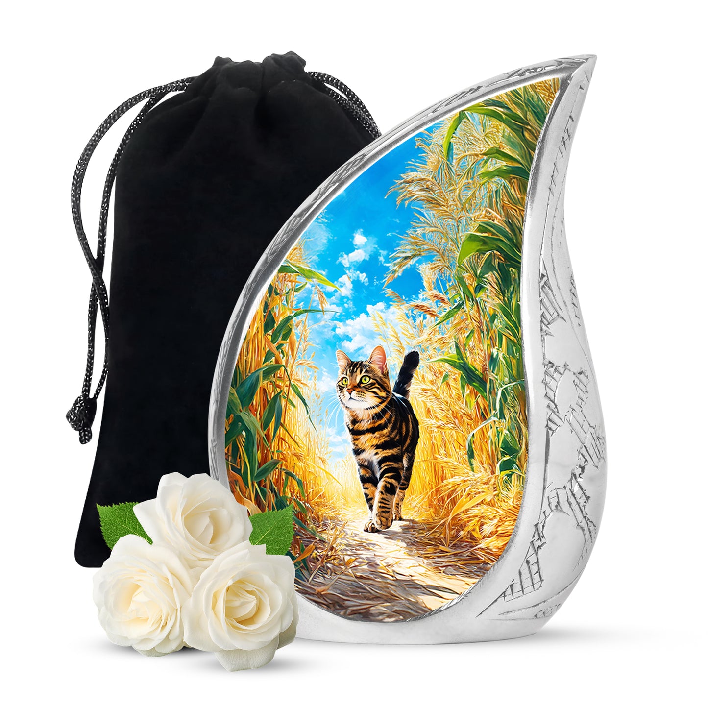 Vivid Teal Cat Cremation Urn front view showing detailed design - smooth teardrop contour featuring cat art - full-size 10 inch 200 cubic inch adult cremation urn