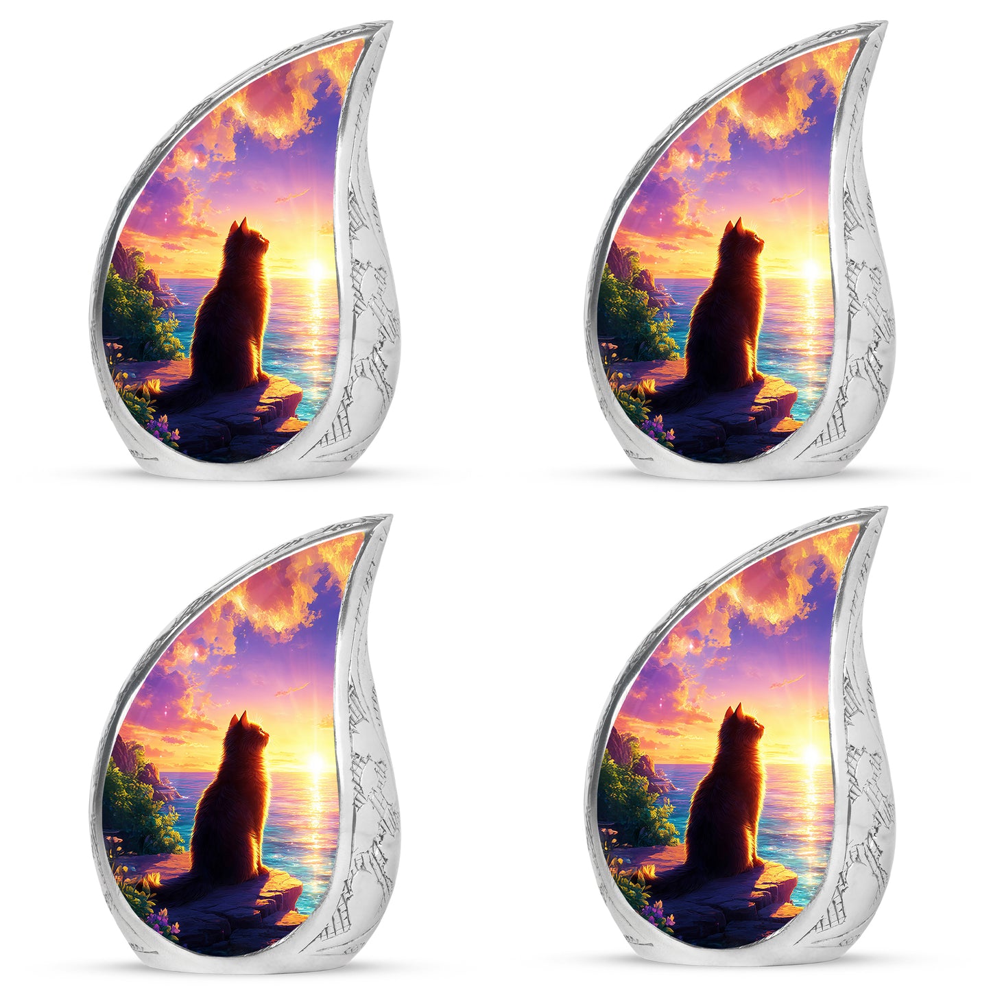 Pastel Pink Cat Cremation Urn close-up of engraving and surface detail - rounded teardrop cat design with delicate detail - 10 inch aluminum urn for cremated remains