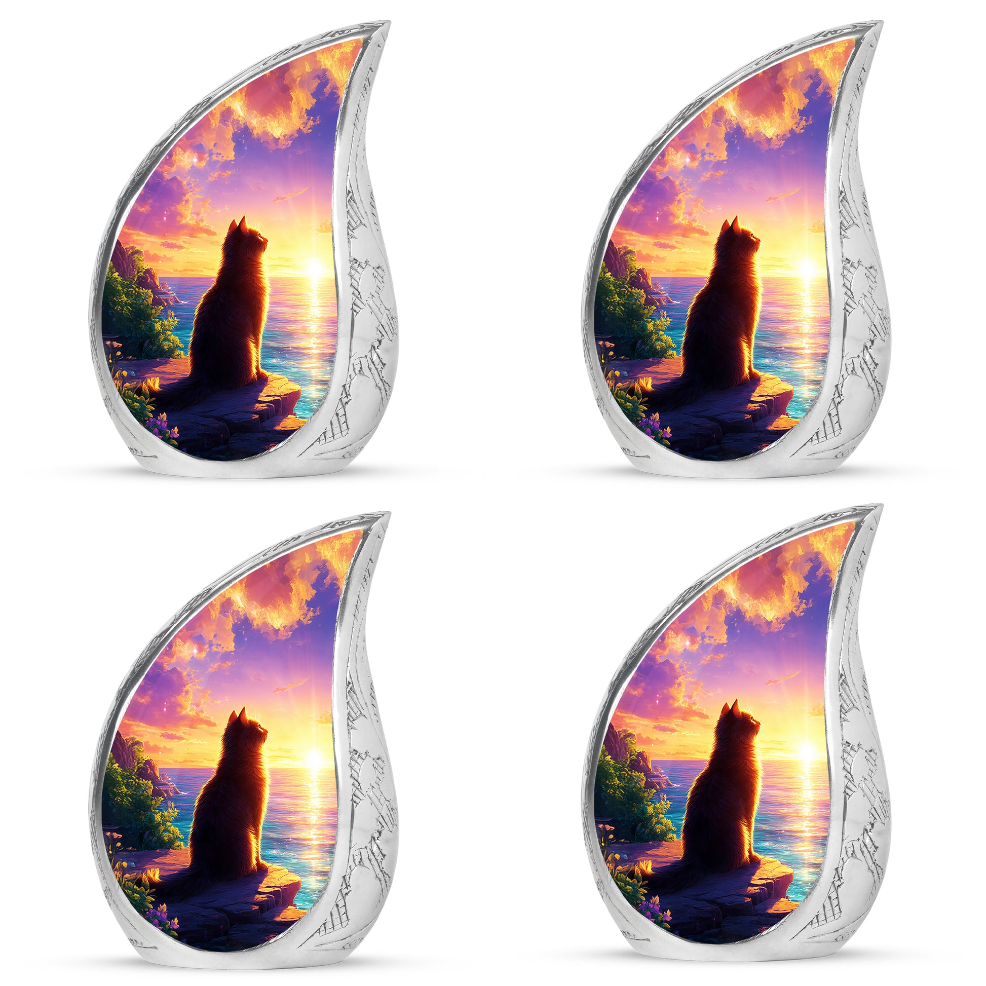 Pastel Pink Cat Cremation Urn close-up of engraving and surface detail - rounded teardrop cat design with delicate detail - 10 inch aluminum urn for cremated remains