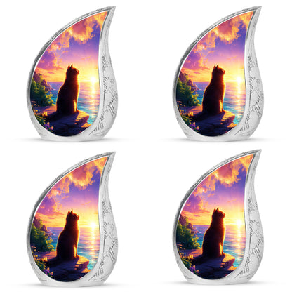 Pastel Pink Cat Cremation Urn close-up of engraving and surface detail - rounded teardrop cat design with delicate detail - 10 inch aluminum urn for cremated remains
