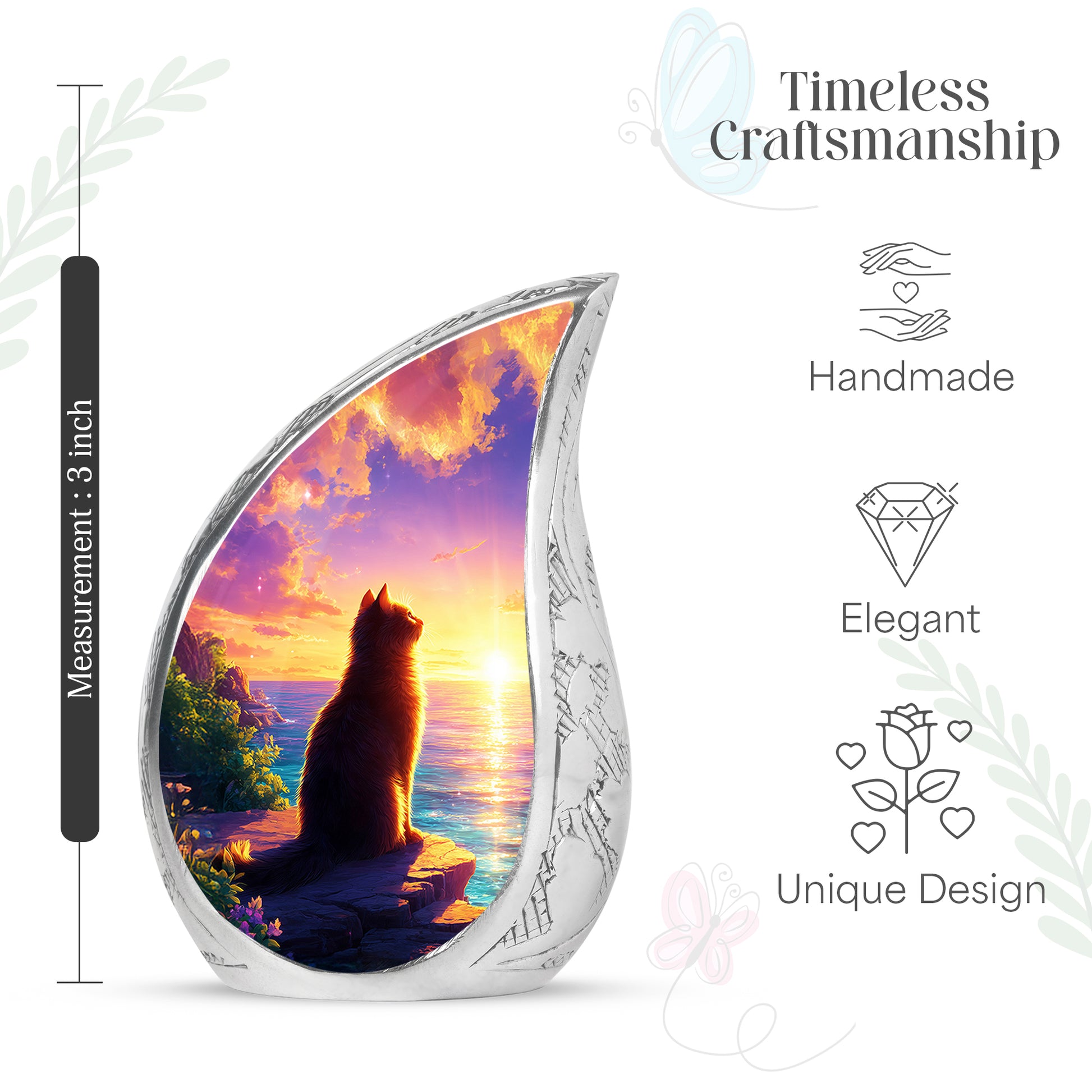 Soft Pink Cat Cremation Urn angled view of lid and engraved motif - graceful tear-shaped urn with cat motif - mini keepsake memorial for portion of cremation ashes