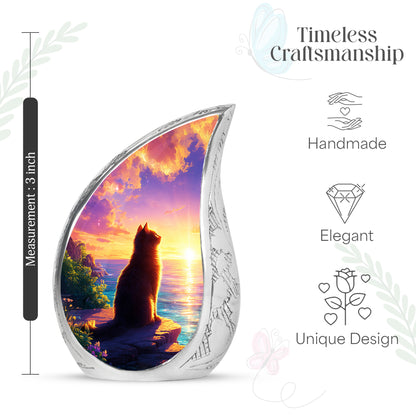 Soft Pink Cat Cremation Urn angled view of lid and engraved motif - graceful tear-shaped urn with cat motif - mini keepsake memorial for portion of cremation ashes