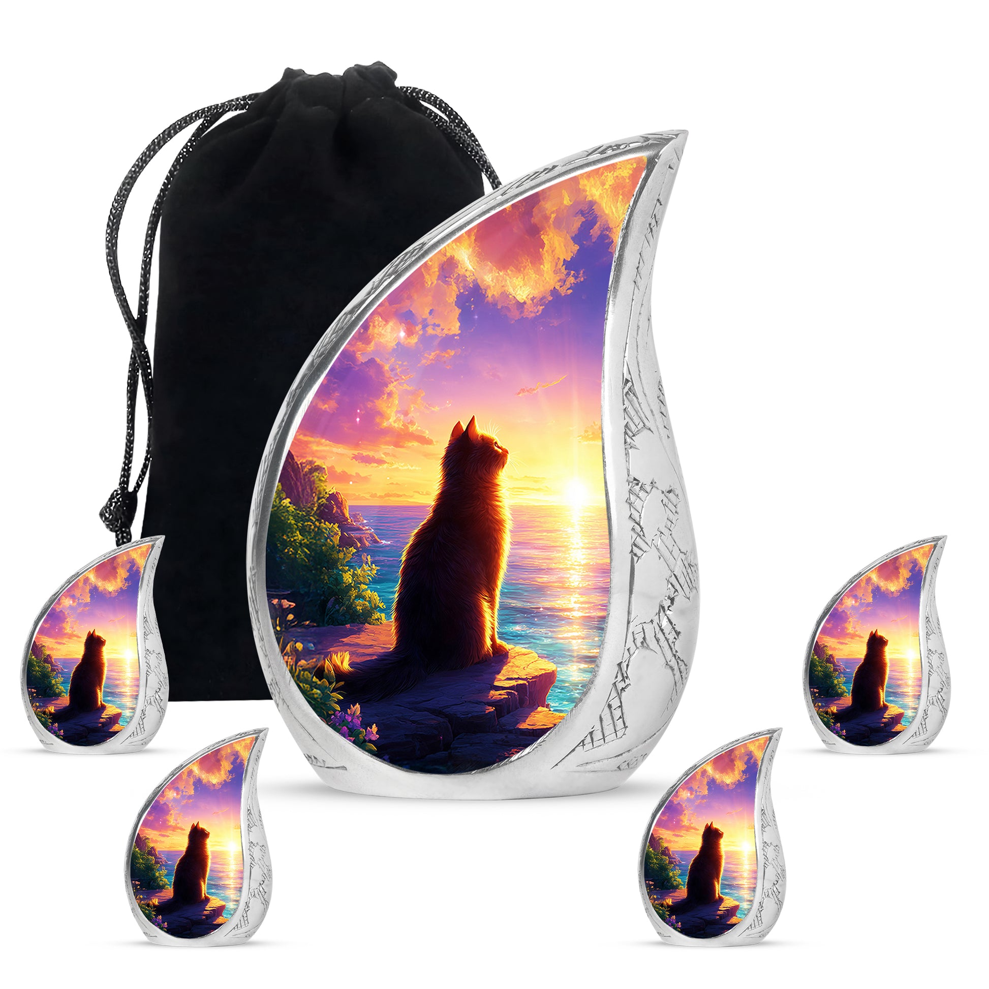 Soft Pink Cat Cremation Urn side profile showing urn shape - smooth teardrop contour featuring cat art - memorial set with one large and four small urns