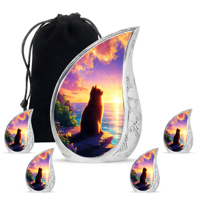 Soft Pink Cat Cremation Urn side profile showing urn shape - smooth teardrop contour featuring cat art - memorial set with one large and four small urns
