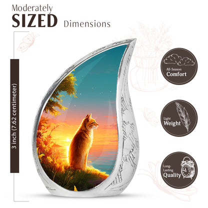 Mystic Teal Cat Cremation Urn angled view of lid and engraved motif - smooth teardrop contour featuring cat art - mini keepsake memorial for portion of cremation ashes