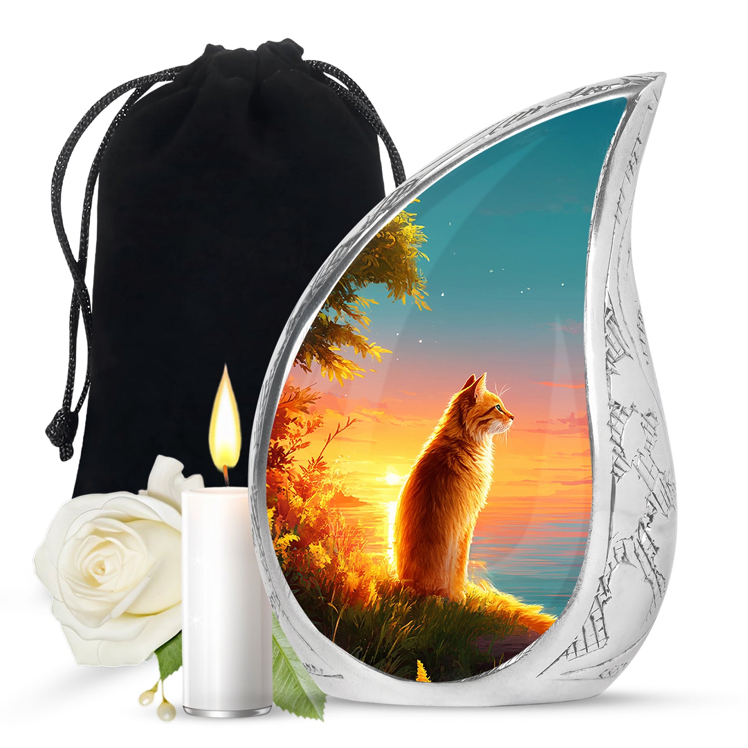 Vivid Teal Cat Cremation Urn front view showing detailed design - graceful tear-shaped urn with cat motif - full-size 10 inch 200 cubic inch adult cremation urn
