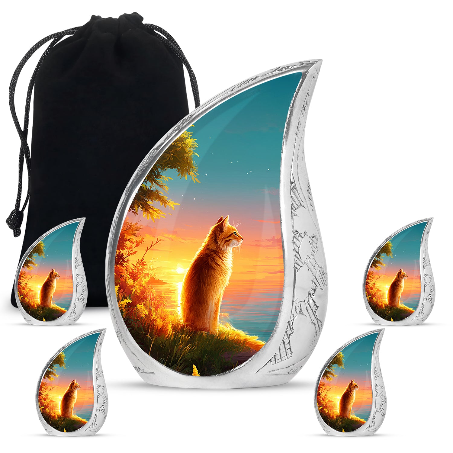 Cool Teal Cat Cremation Urn side profile showing urn shape - rounded teardrop cat design with delicate detail - memorial set with one large and four small urns