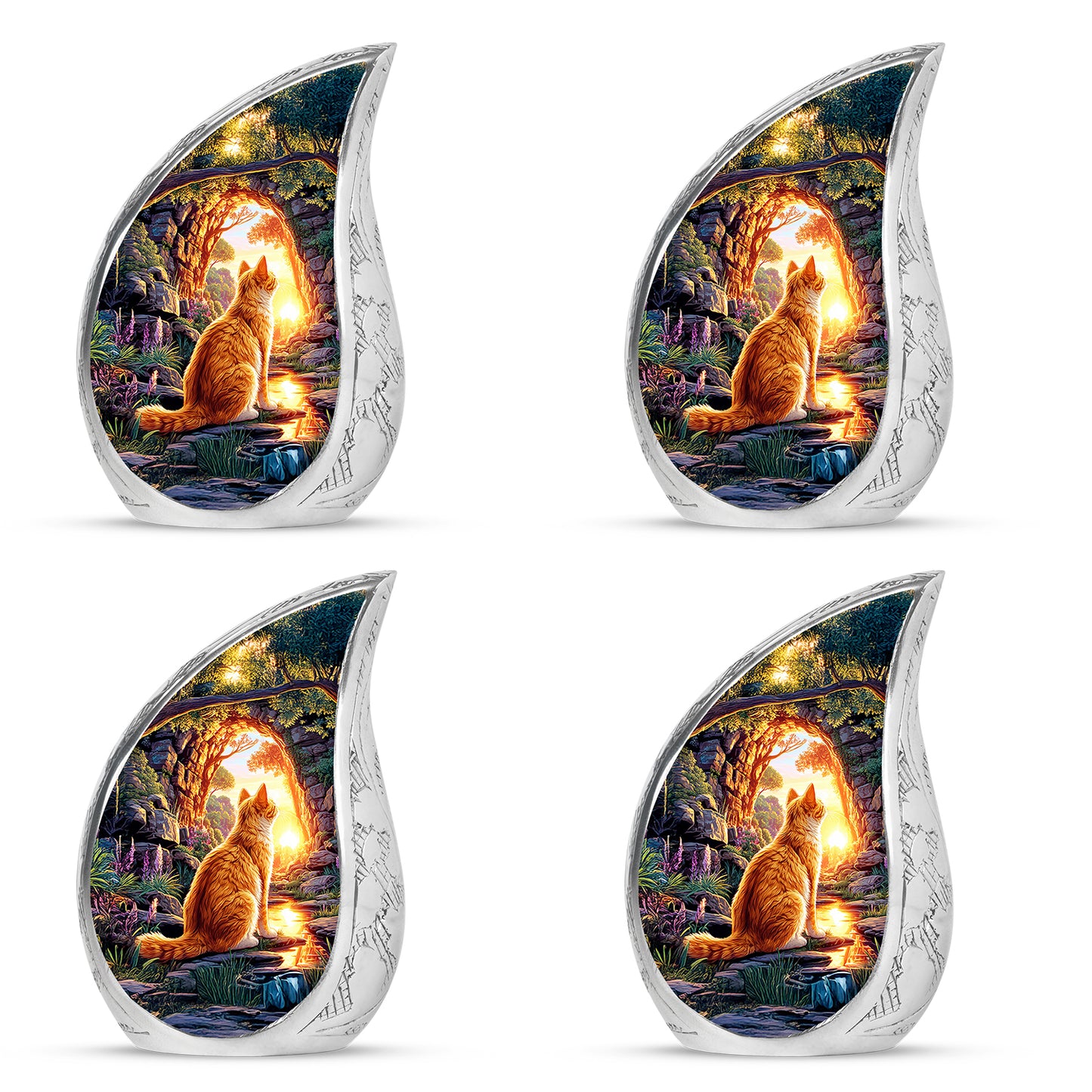 Amethyst Purple Cat Cremation Urn close-up of engraving and surface detail - flowing teardrop cat silhouette on curved aluminum - 10 inch aluminum urn for cremated remains