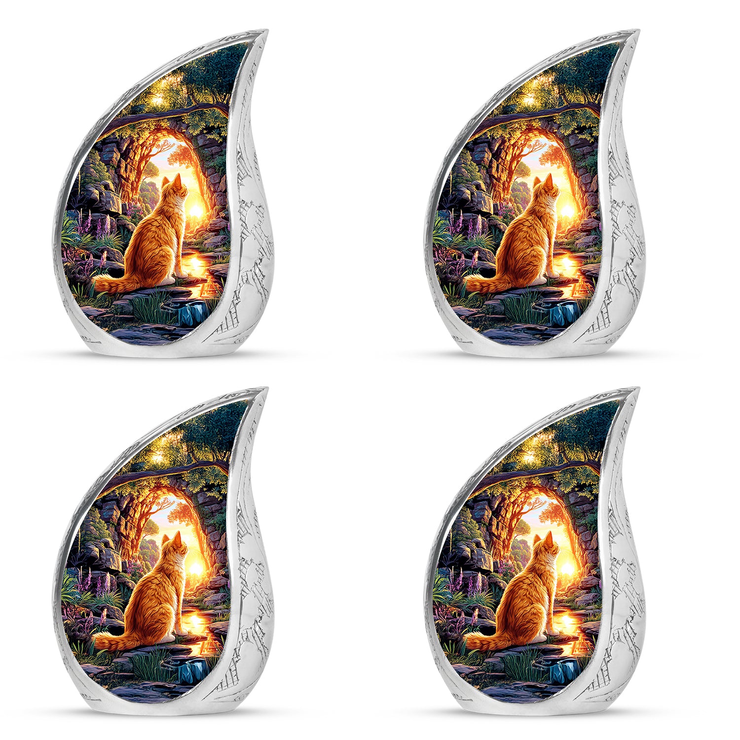 Amethyst Purple Cat Cremation Urn close-up of engraving and surface detail - flowing teardrop cat silhouette on curved aluminum - 10 inch aluminum urn for cremated remains