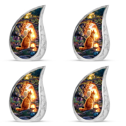 Amethyst Purple Cat Cremation Urn close-up of engraving and surface detail - flowing teardrop cat silhouette on curved aluminum - 10 inch aluminum urn for cremated remains