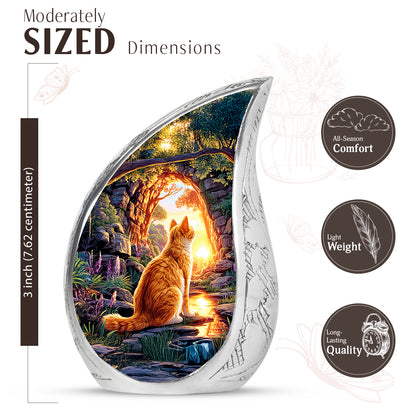 Majestic Purple Cat Cremation Urn angled view of lid and engraved motif - flowing teardrop cat silhouette on curved aluminum - mini keepsake memorial for portion of cremation ashes