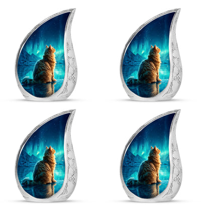 Celestial Blue Cat Cremation Urn close-up of engraving and surface detail - rounded teardrop cat design with delicate detail - 10 inch aluminum urn for cremated remains