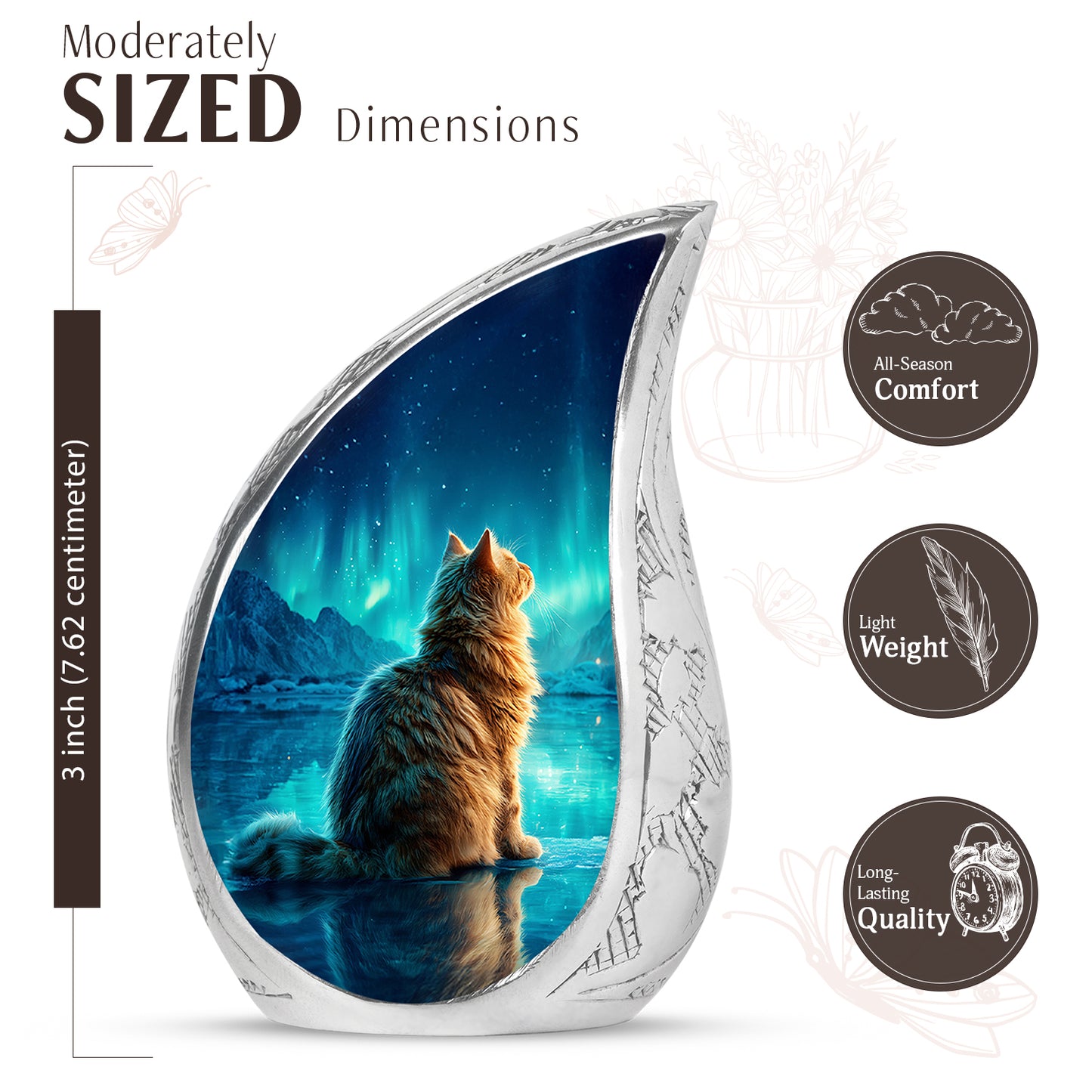 Pastel Blue Cat Cremation Urn angled view of lid and engraved motif - flowing teardrop cat silhouette on curved aluminum - mini keepsake memorial for portion of cremation ashes