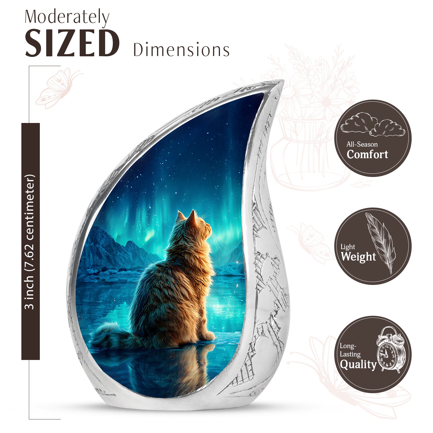 Pastel Blue Cat Cremation Urn angled view of lid and engraved motif - flowing teardrop cat silhouette on curved aluminum - mini keepsake memorial for portion of cremation ashes