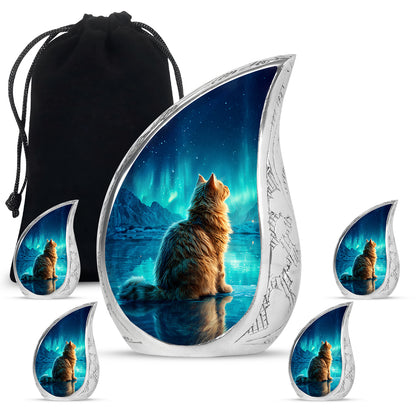 Vivid Blue Cat Cremation Urn side profile showing urn shape - smooth teardrop contour featuring cat art - memorial set with one large and four small urns