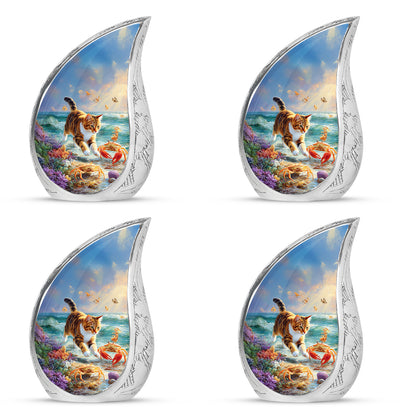 Calming Blue Cat Cremation Urn close-up of engraving and surface detail - graceful tear-shaped urn with cat motif - 10 inch aluminum urn for cremated remains