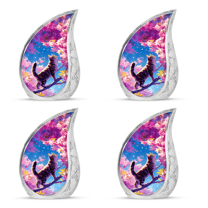 Cornflower Blue Cat Cremation Urn close-up of engraving and surface detail - smooth teardrop contour featuring cat art - 10 inch aluminum urn for cremated remains
