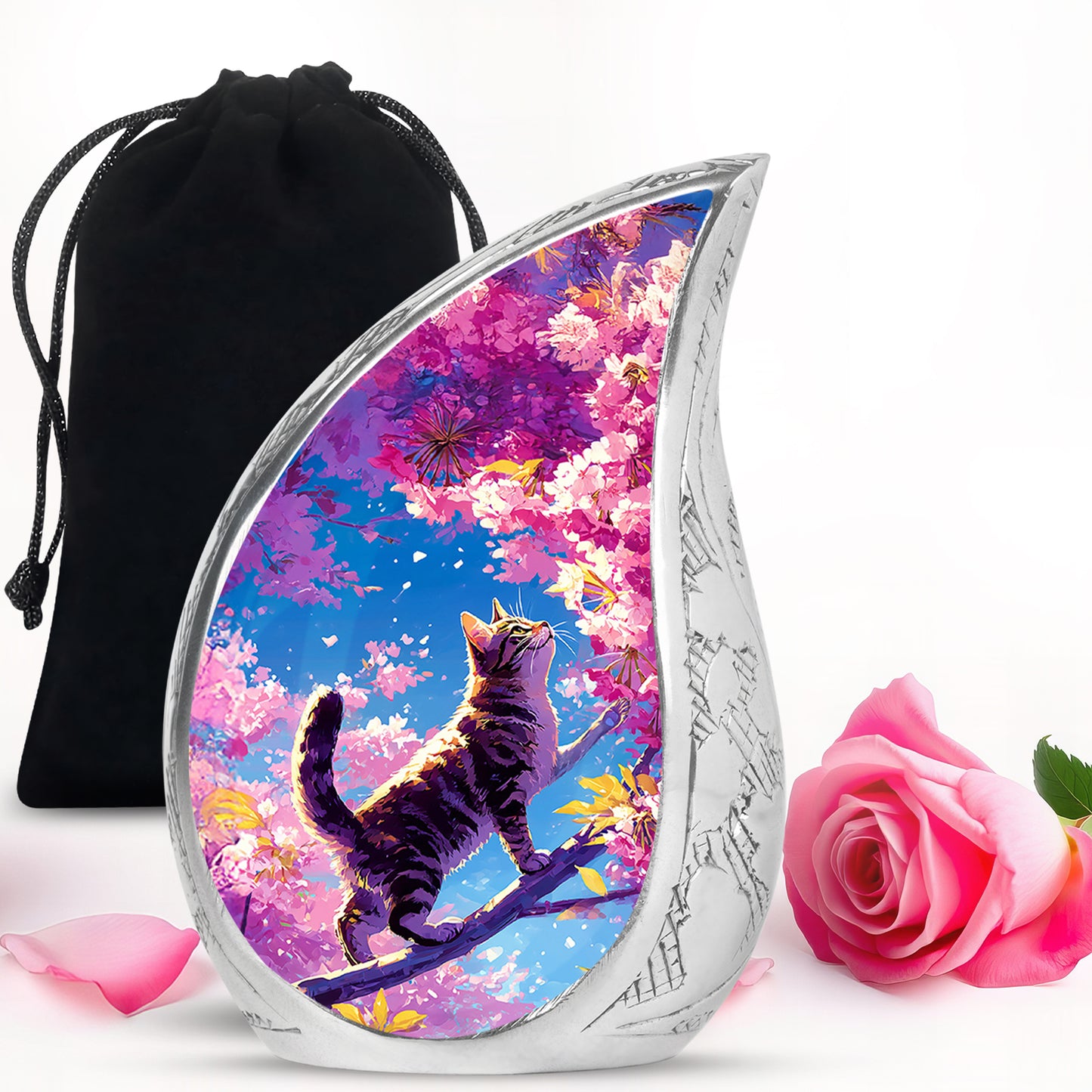 Misty Blue Cat Cremation Urn front view showing detailed design - flowing teardrop cat silhouette on curved aluminum - full-size 10 inch 200 cubic inch adult cremation urn