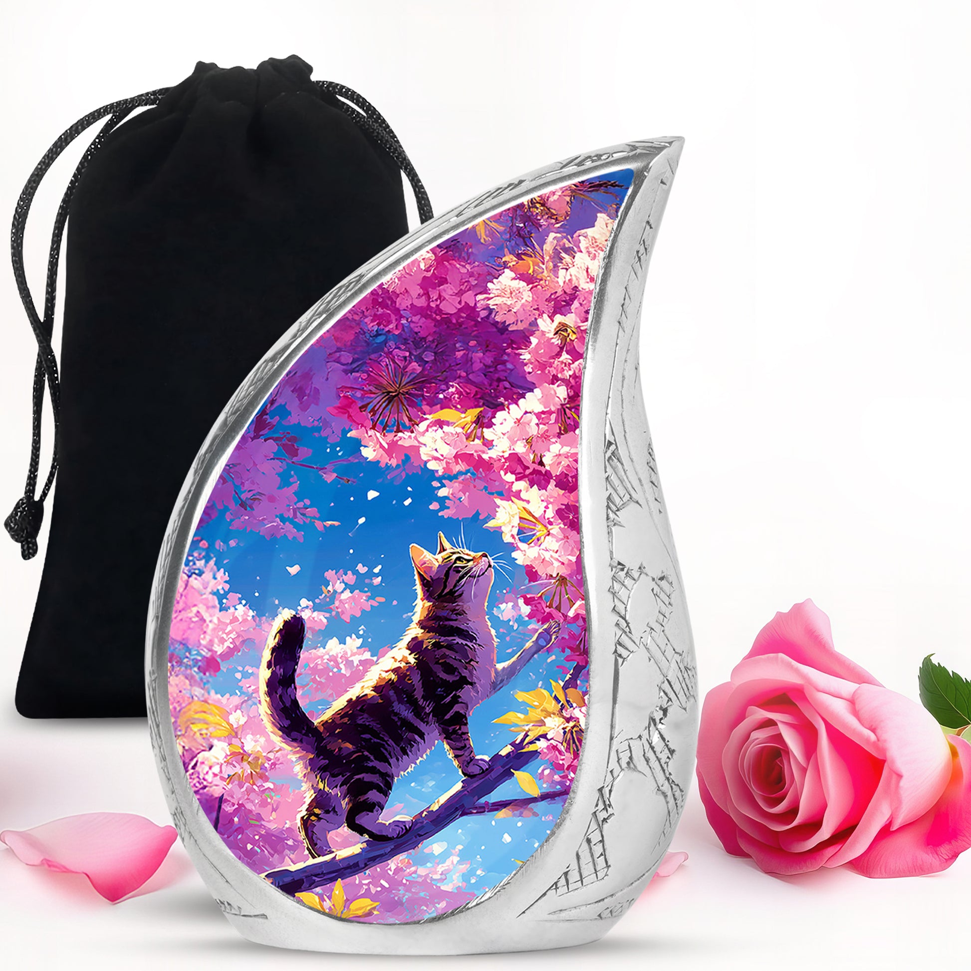 Misty Blue Cat Cremation Urn front view showing detailed design - flowing teardrop cat silhouette on curved aluminum - full-size 10 inch 200 cubic inch adult cremation urn