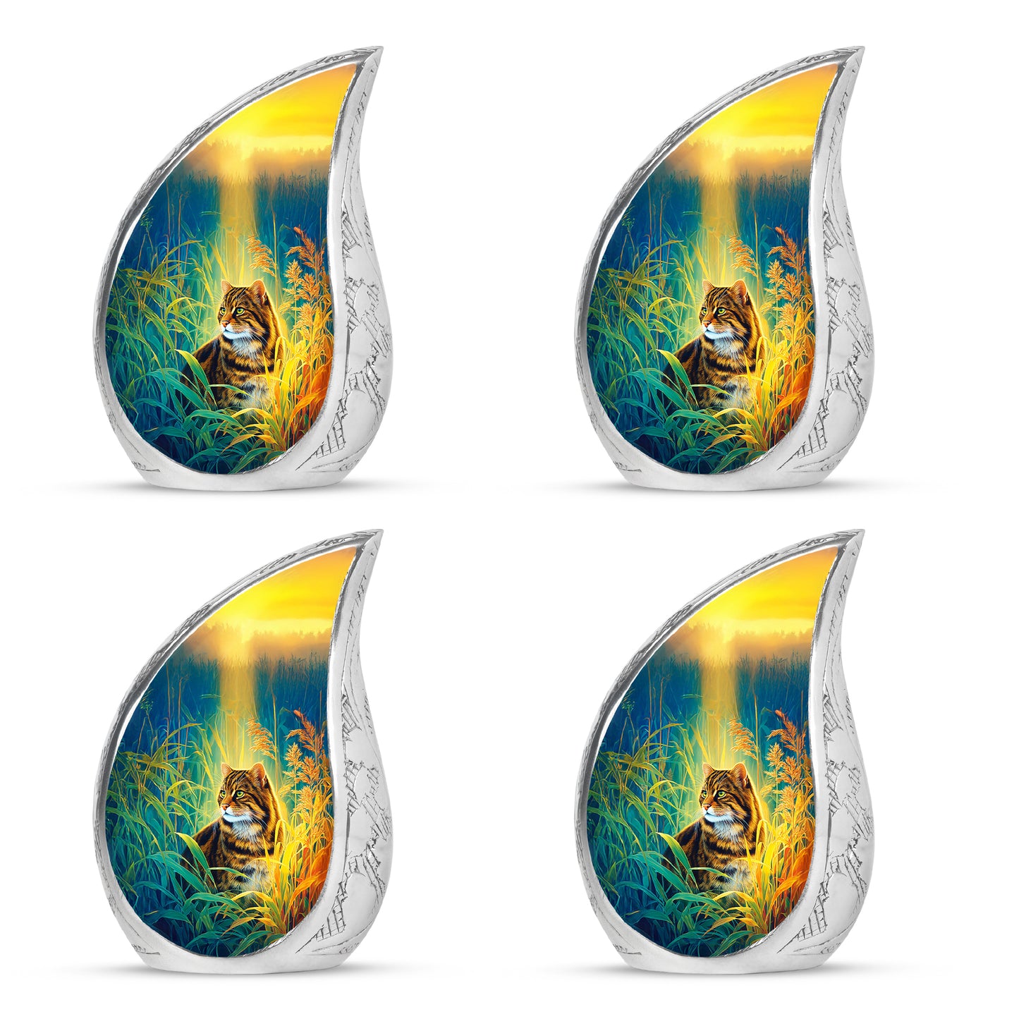 Calming Blue Cat Cremation Urn close-up of engraving and surface detail - smooth teardrop contour featuring cat art - 10 inch aluminum urn for cremated remains